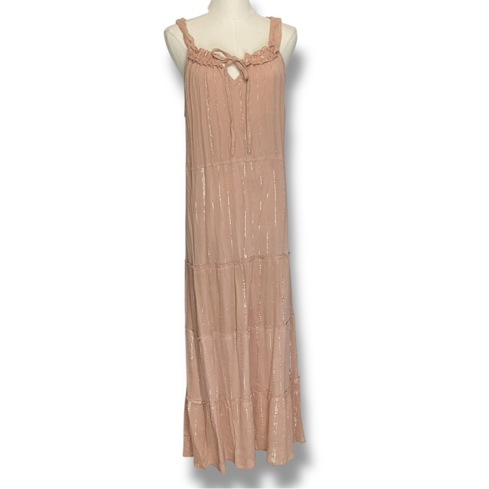 Maxi Dress Blush Pink Peach Silver Tiered Long Summer Goddess Flowy Size Medium